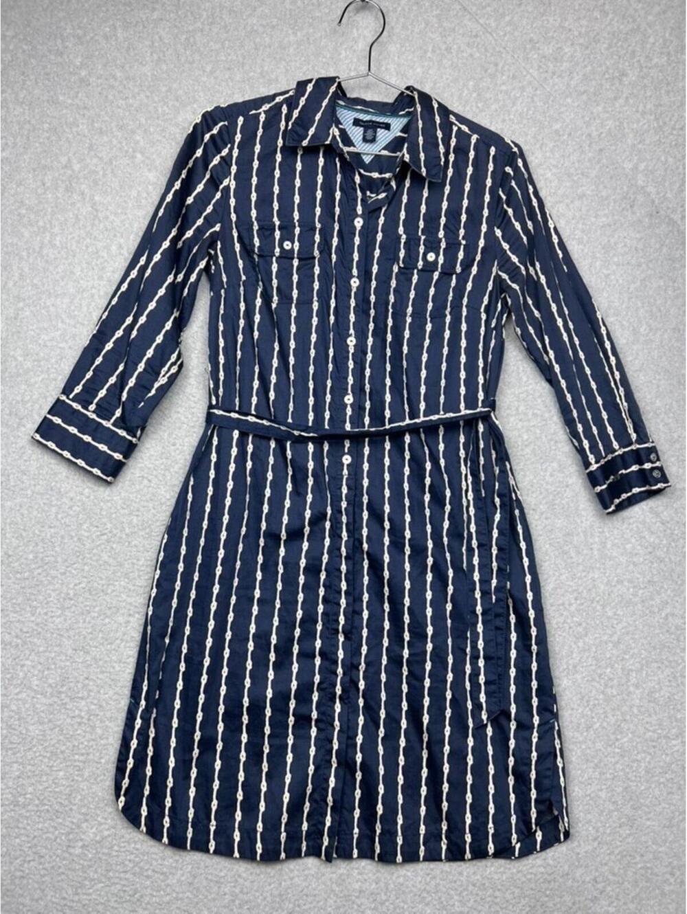 Tommy Hilfiger Equestrian Shirt Dress Womens S Navy Blue Rope Chain Print Midi